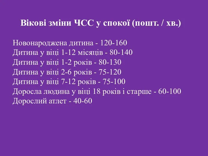 Вікові зміни ЧСС у спокої (пошт. / хв.) Новонароджена дитина -