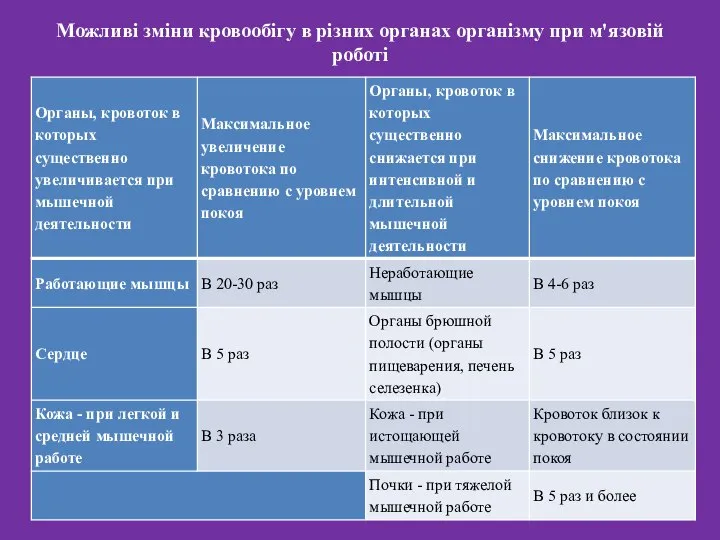 Можливі зміни кровообігу в різних органах організму при м'язовій роботі