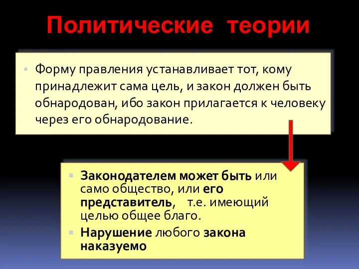 Политические теории Форму правления устанавливает тот, кому принадлежит сама цель, и