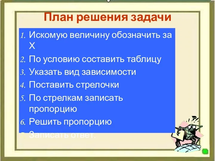 План решения задачи Искомую величину обозначить за Х По условию составить