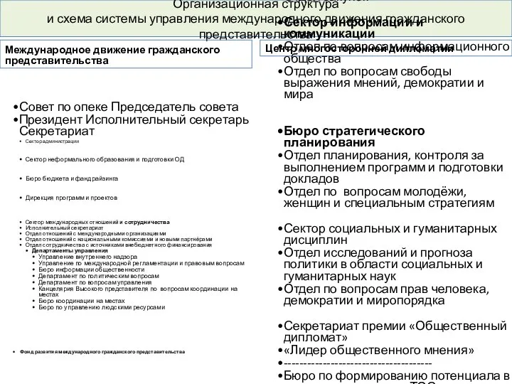 Организационная структура и схема системы управления международного движения гражданского представительства Международное