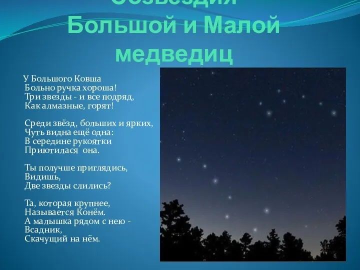 Созвездия Большой и Малой медведиц У Большого Ковша Больно ручка хороша!