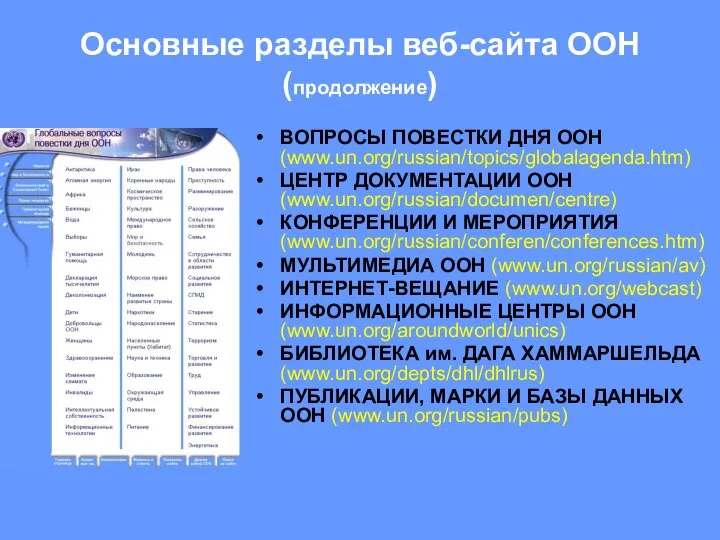 Основные разделы веб-сайта ООН (продолжение) ВОПРОСЫ ПОВЕСТКИ ДНЯ ООН (www.un.org/russian/topics/globalagenda.htm) ЦЕНТР