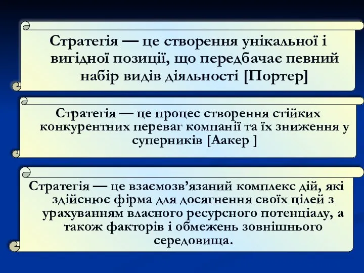 Стратегія — це створення унікальної і вигідної позиції, що передбачає певний