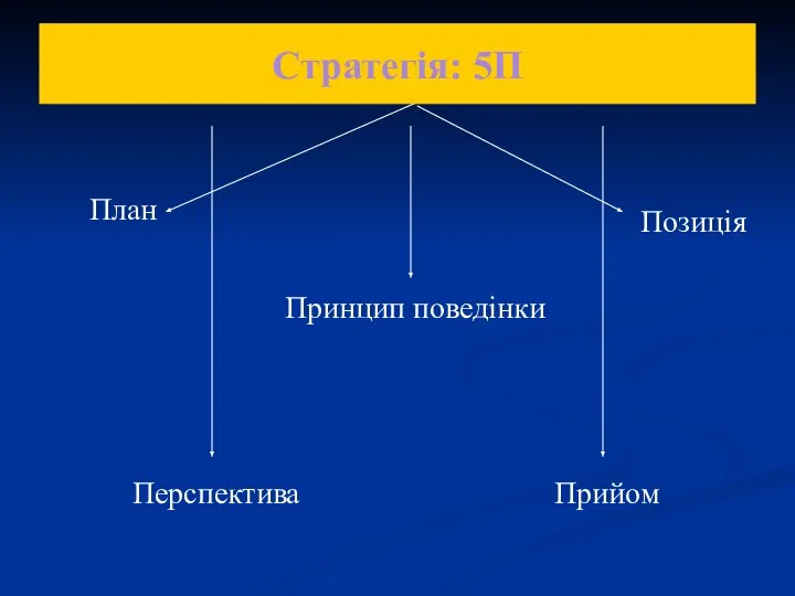 План Позиція Стратегія: 5П Принцип поведінки Перспектива Прийом