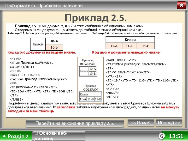 Вперед >> 13:51 Приклад 2.5. Приклад 2.5. HTML-документ, який містить таблицю