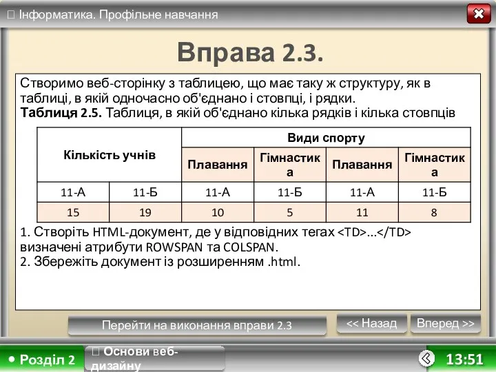 Вперед >> 13:51 Вправа 2.3. Створимо веб-сторінку з таблицею, що має