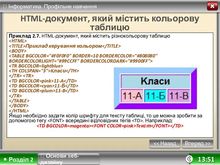 Вперед >> 13:51 HTML-документ, який містить кольорову таблицю Приклад 2.7. HTML-документ,