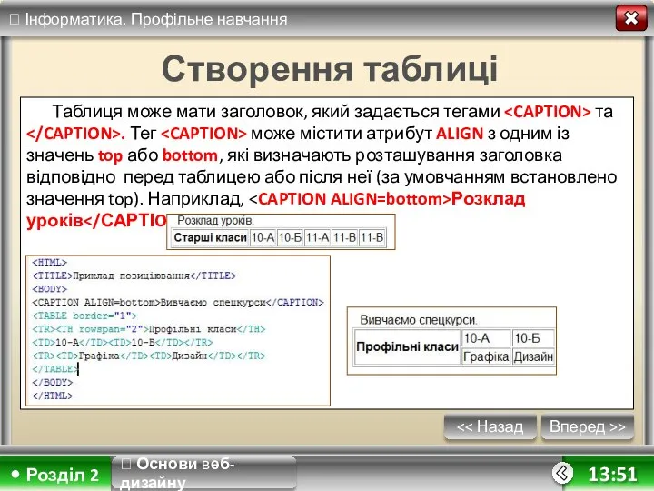 Вперед >> 13:51 Створення таблиці Таблиця може мати заголовок, який задається