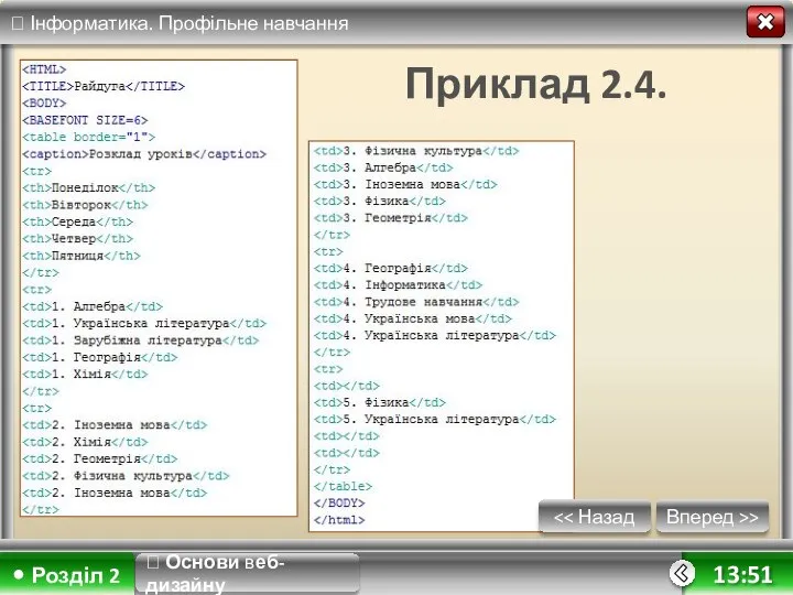 Вперед >> 13:51 ? Основи веб-дизайну Приклад 2.4.