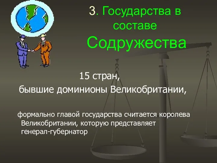 3. Государства в составе Содружества 15 стран, бывшие доминионы Великобритании, формально