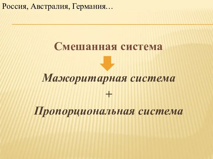 Смешанная система Мажоритарная система + Пропорциональная система Россия, Австралия, Германия…