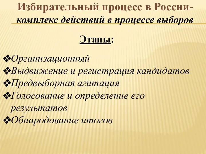 Избирательный процесс в России- комплекс действий в процессе выборов Этапы: Организационный