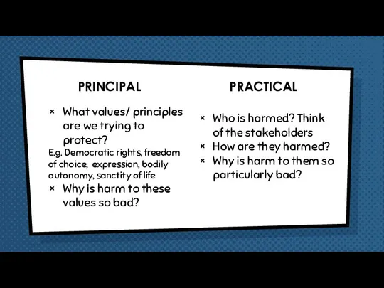 What values/ principles are we trying to protect? E.g. Democratic rights,