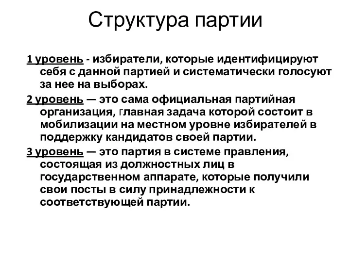 Структура партии 1 уровень - избиратели, которые идентифицируют себя с данной