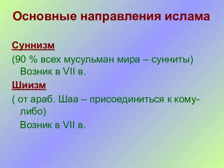 Основные направления ислама Суннизм (90 % всех мусульман мира – сунниты)