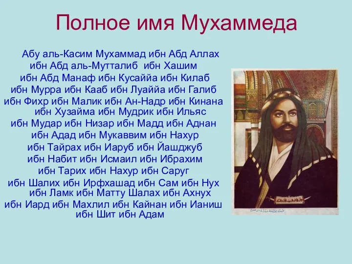 Полное имя Мухаммеда Абу аль-Касим Мухаммад ибн Абд Аллах ибн Абд