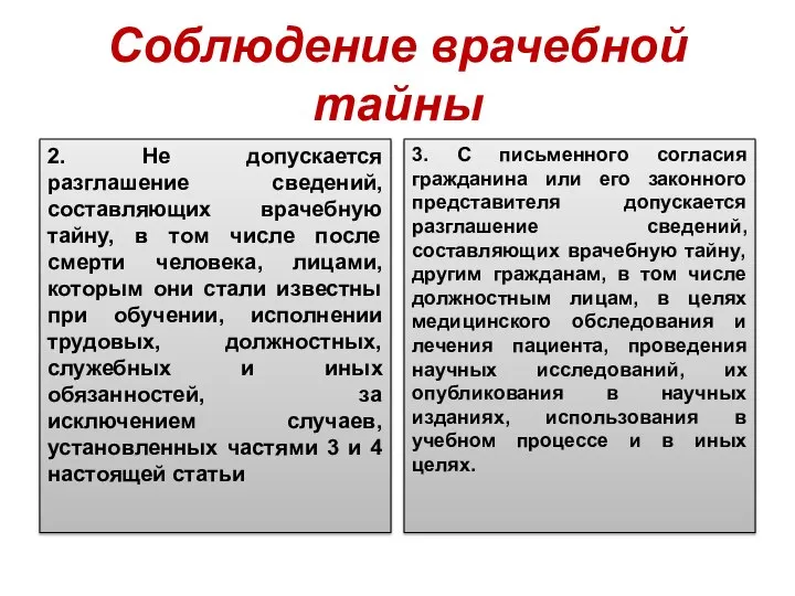 Соблюдение врачебной тайны 2. Не допускается разглашение сведений, составляющих врачебную тайну,