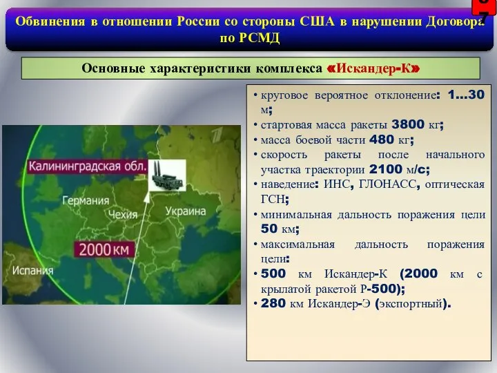 Основные характеристики комплекса «Искандер-К» круговое вероятное отклонение: 1…30 м; стартовая масса