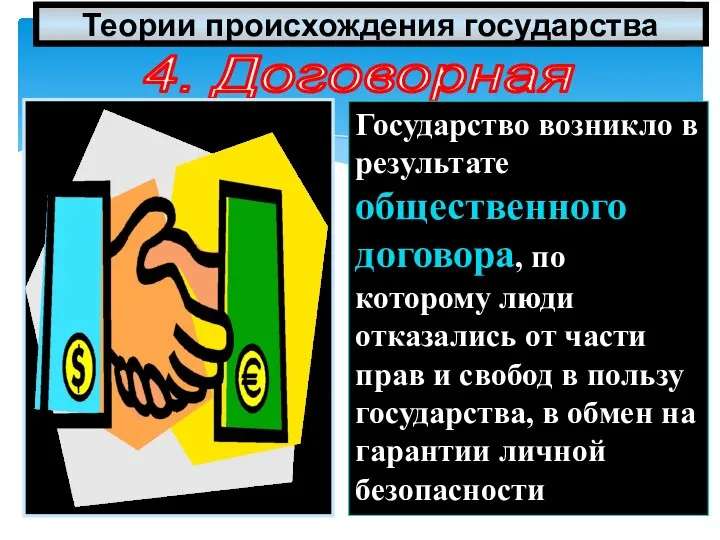 3.Теории происхождения государства. 4. Договорная - Теории происхождения государства Государство возникло