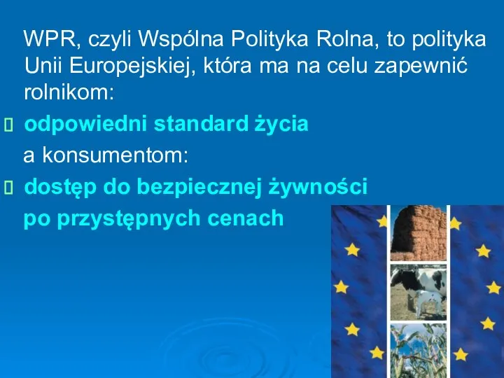 WPR, czyli Wspólna Polityka Rolna, to polityka Unii Europejskiej, która ma