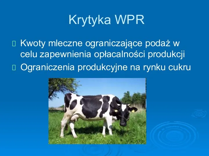 Krytyka WPR Kwoty mleczne ograniczające podaż w celu zapewnienia opłacalności produkcji Ograniczenia produkcyjne na rynku cukru