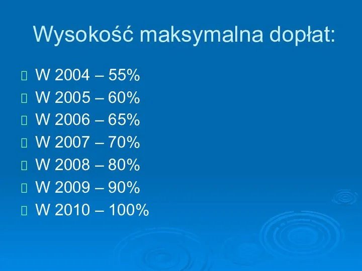 Wysokość maksymalna dopłat: W 2004 – 55% W 2005 – 60%