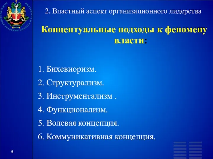 2. Властный аспект организационного лидерства Концептуальные подходы к феномену власти: 1.