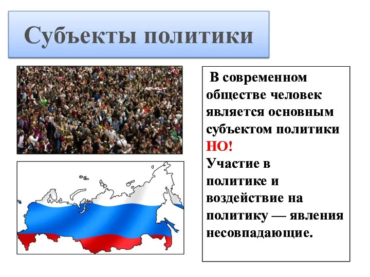 Субъекты политики В современном обществе человек является основным субъектом политики НО!