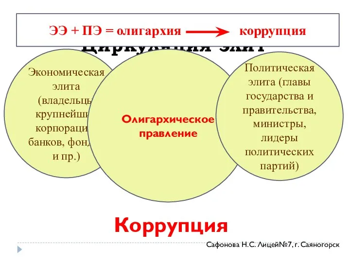 Циркуляция элит Экономическая элита (владельцы крупнейших корпораций, банков, фондов и пр.)