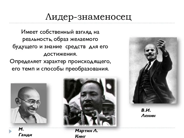 Лидер-знаменосец Имеет собственный взгляд на реальность, образ желаемого будущего и знание