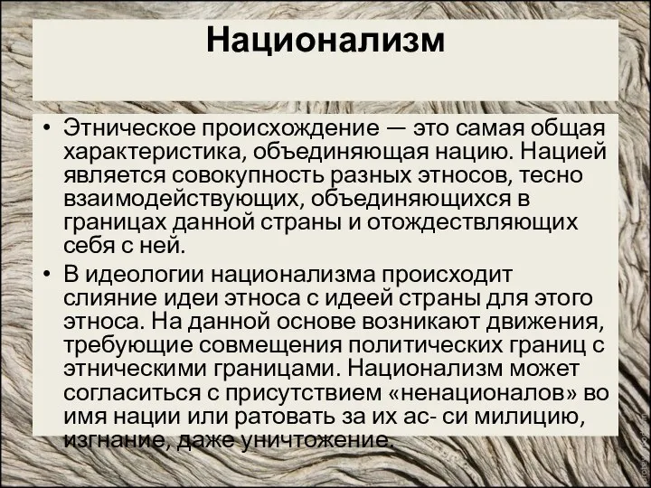 Национализм Этническое происхождение — это самая общая характеристика, объединяющая нацию. Нацией