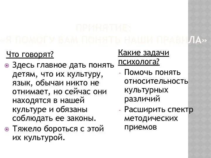 ПРИНЯТИЕ: «Я ПОМОГУ ВАМ ПОНЯТЬ НАШИ ПРАВИЛА» Что говорят? Здесь главное