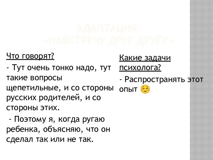 АДАПТАЦИЯ: «НАВСТРЕЧУ ДРУГ ДРУГУ» Что говорят? - Тут очень тонко надо,