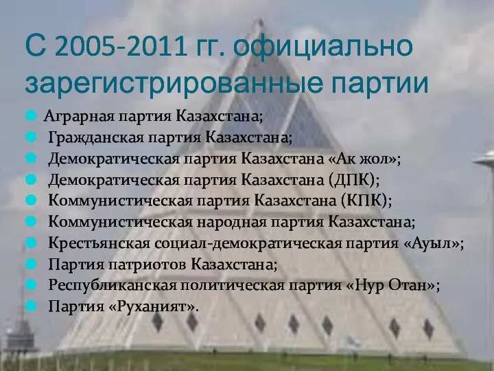 С 2005-2011 гг. официально зарегистрированные партии Аграрная партия Казахстана; Гражданская партия