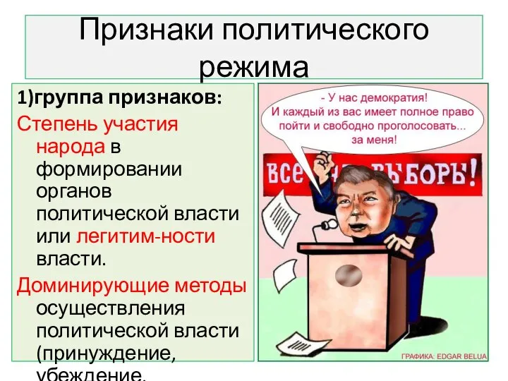 Признаки политического режима 1)группа признаков: Степень участия народа в формировании органов