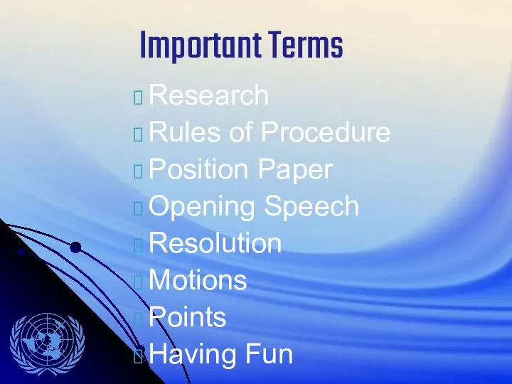 Important Terms Research Rules of Procedure Position Paper Opening Speech Resolution Motions Points Having Fun