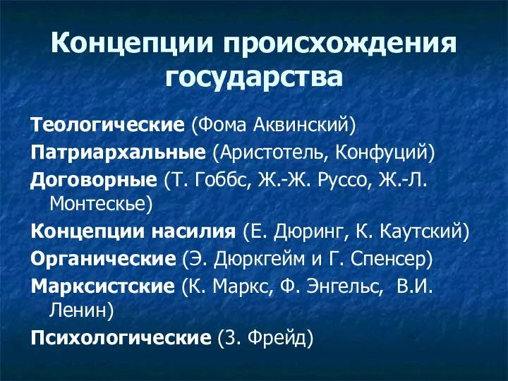 Концепции происхождения государства Теологические (Фома Аквинский) Патриархальные (Аристотель, Конфуций) Договорные (Т.