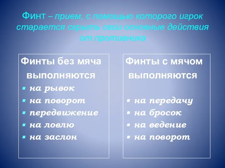 Финт – прием, с помощью которого игрок старается скрыть свои основные