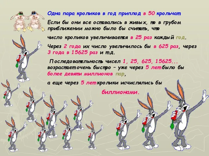 Одна пара кроликов в год приплод в 50 крольчат. Если бы