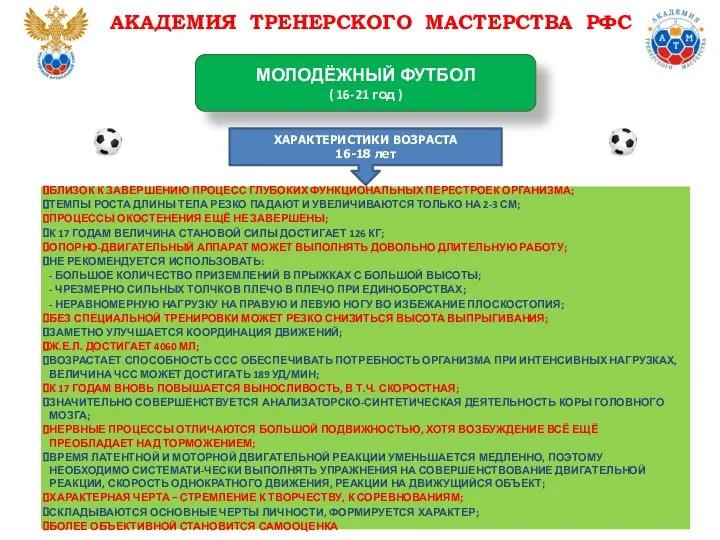 АКАДЕМИЯ ТРЕНЕРСКОГО МАСТЕРСТВА РФС МОЛОДЁЖНЫЙ ФУТБОЛ ( 16-21 год ) БЛИЗОК