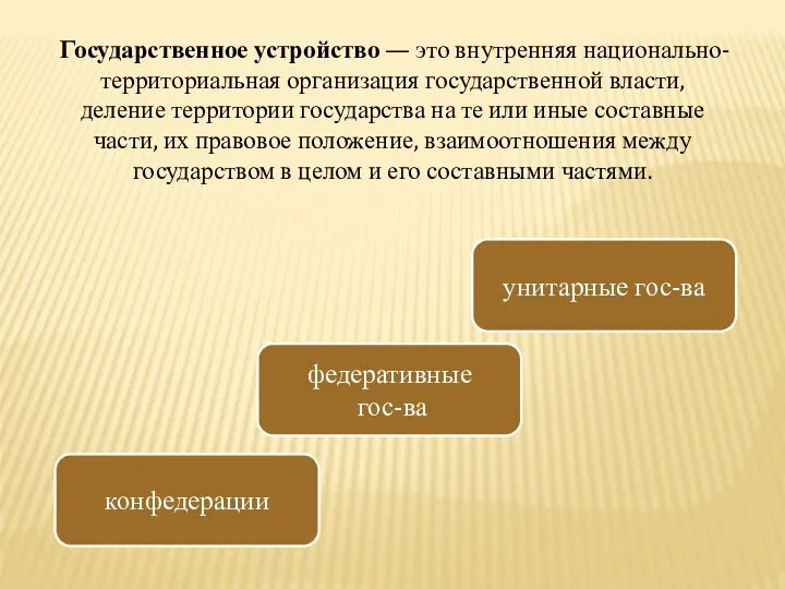 Государственное устройство — это внутренняя национально-территориальная организация государственной власти, деление территории