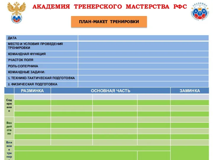 ПЛАН-МАКЕТ ТРЕНИРОВКИ АКАДЕМИЯ ТРЕНЕРСКОГО МАСТЕРСТВА РФС