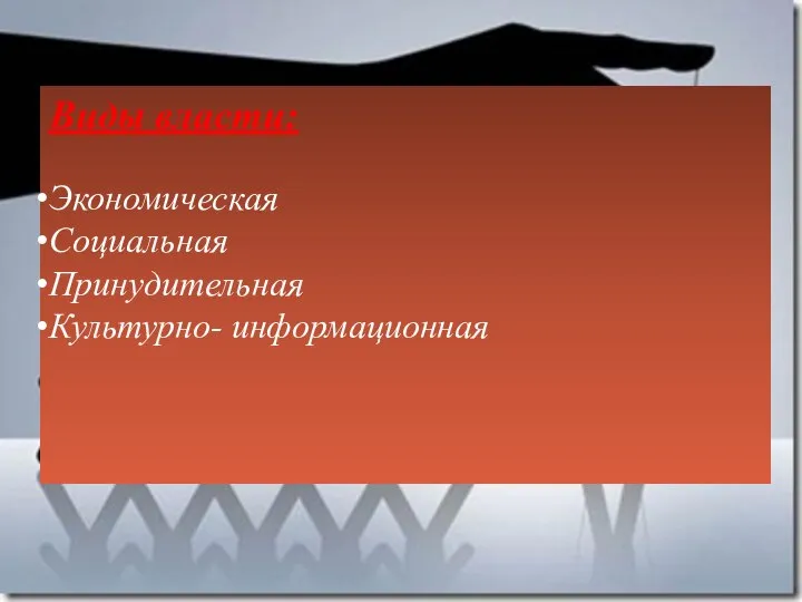 Виды власти: Экономическая Социальная Принудительная Культурно- информационная