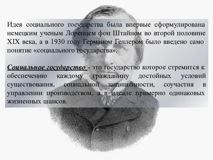 Идея социального государства была впервые сформулирована немецким ученым Лоренцем фон Штайном