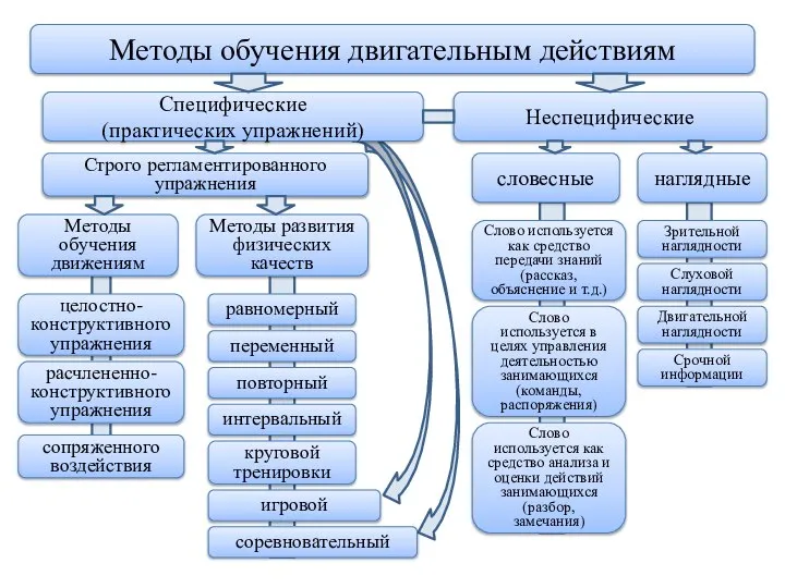 Методы обучения двигательным действиям Специфические (практических упражнений) Неспецифические словесные наглядные Зрительной