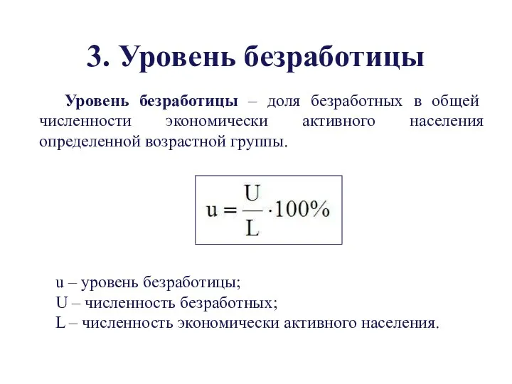 3. Уровень безработицы Уровень безработицы – доля безработных в общей численности