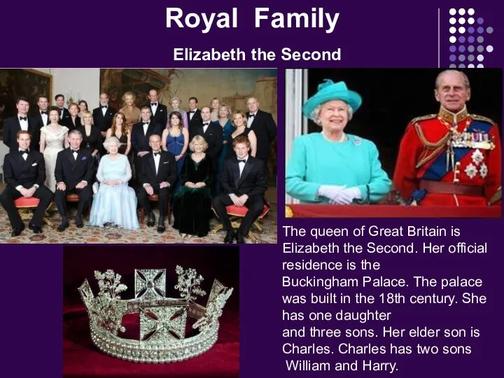 Royal Family Elizabeth the Second The queen of Great Britain is