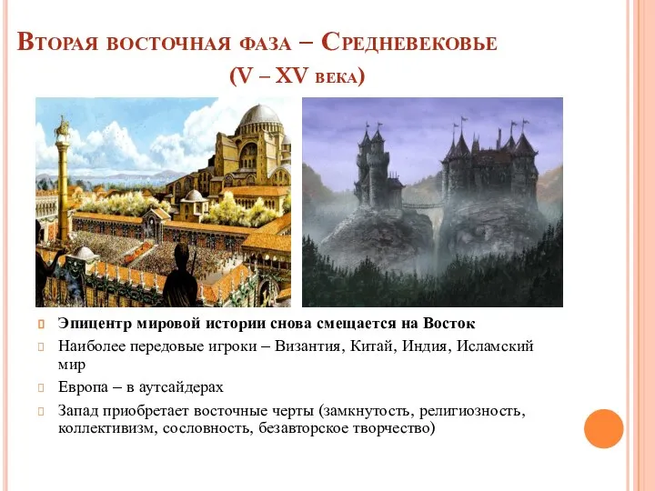 Вторая восточная фаза – Средневековье (V – XV века) Эпицентр мировой