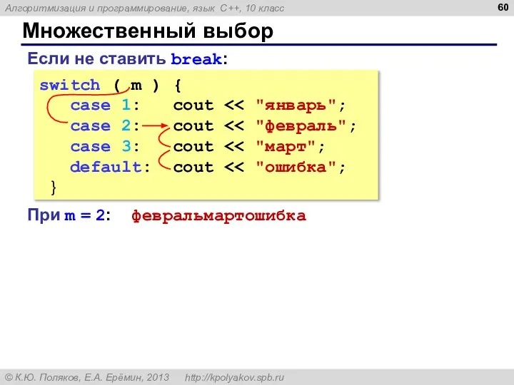 Множественный выбор switch ( m ) { case 1: cout case